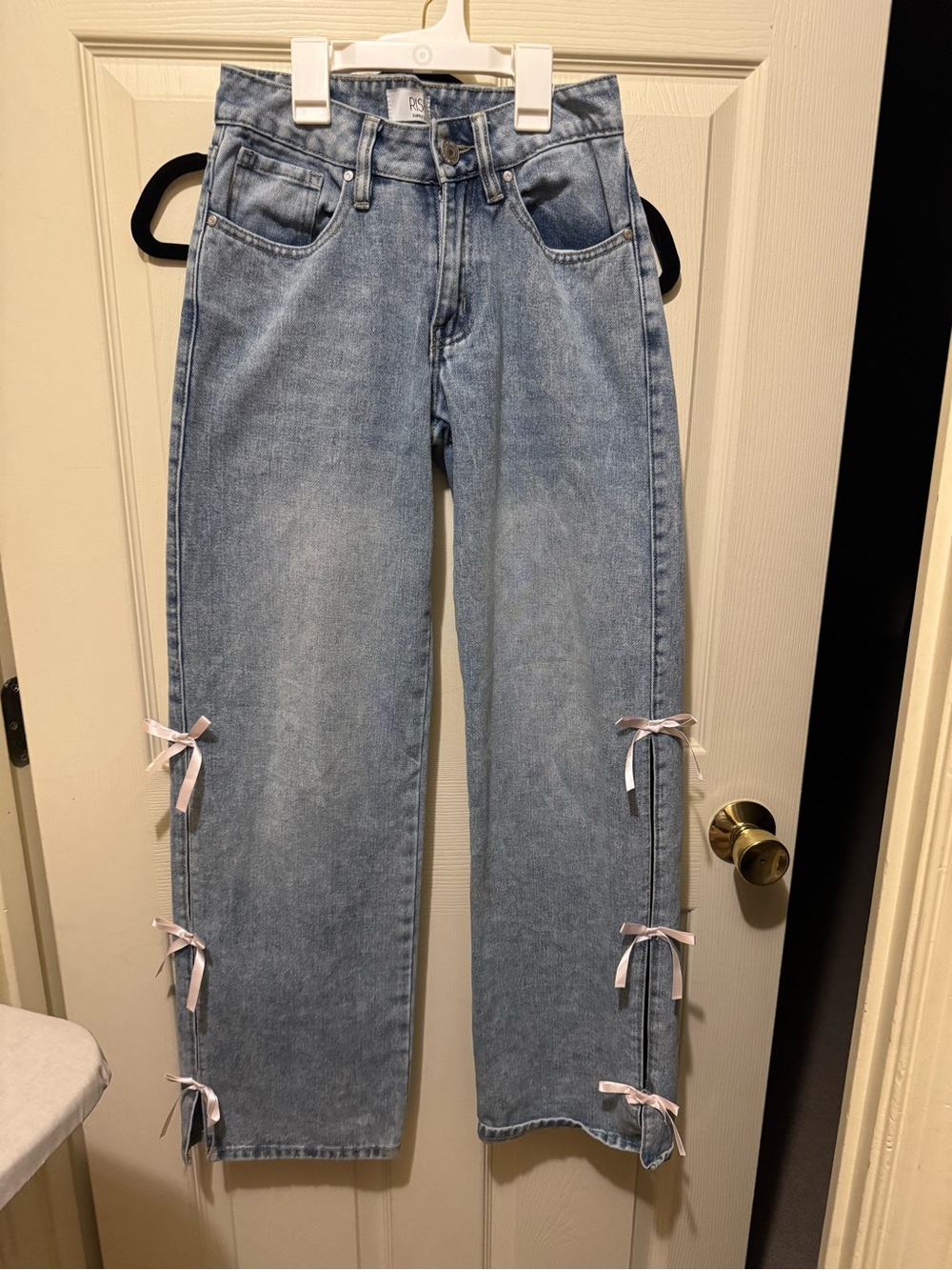 Light Blue Straight Leg Jeans with Ribbon Accent